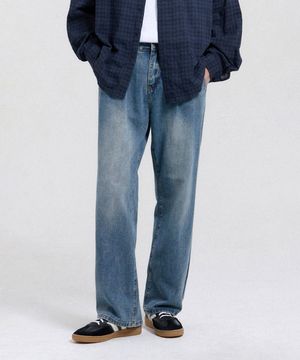 리드 하프밴딩 원턱 세미 와이드 데님 팬츠 (Blue)