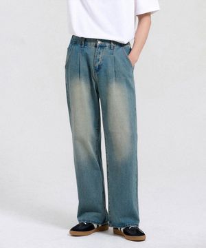 리드 하프밴딩 원턱 세미 와이드 데님 팬츠 (Vintage Blue)