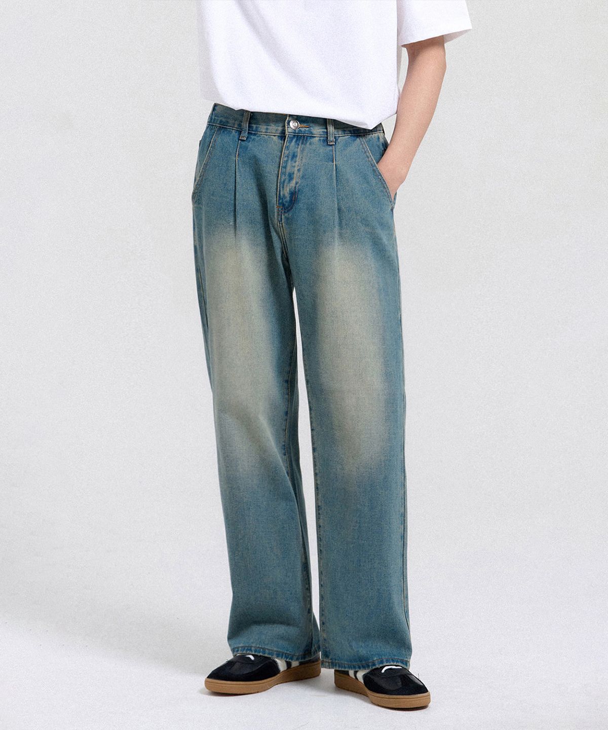 크레드먼스(CREEDMENS) 리드 하프밴딩 원턱 세미 와이드 데님 팬츠 (Vintage Blue)
