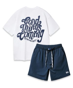 [SET] 굿 띵스 커밍 오버핏 반팔티 스트링 포인트 우븐 반바지 셋업