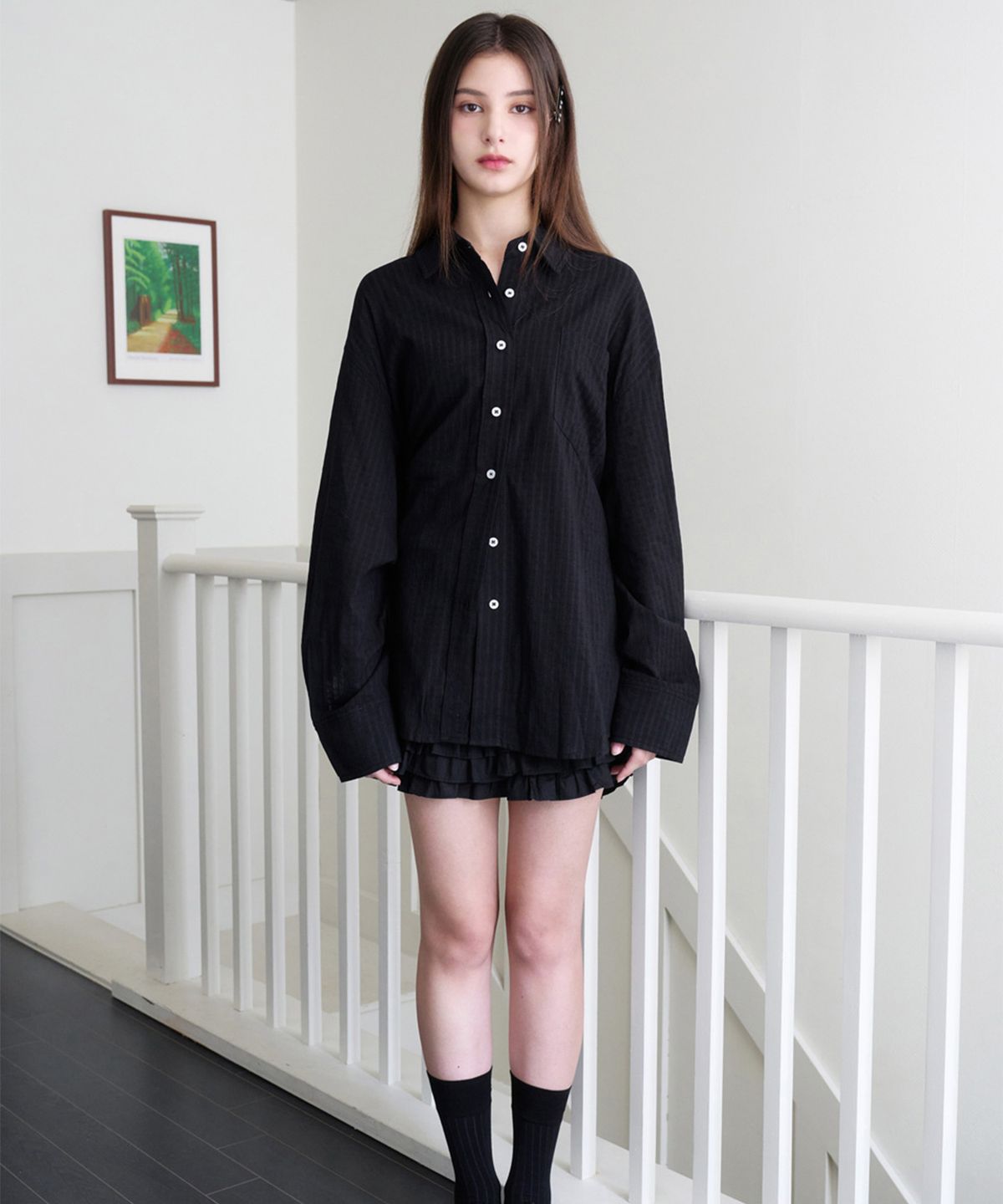 알키알카(ALKI ALKA) Loose-Fit Check Shirt (Black)