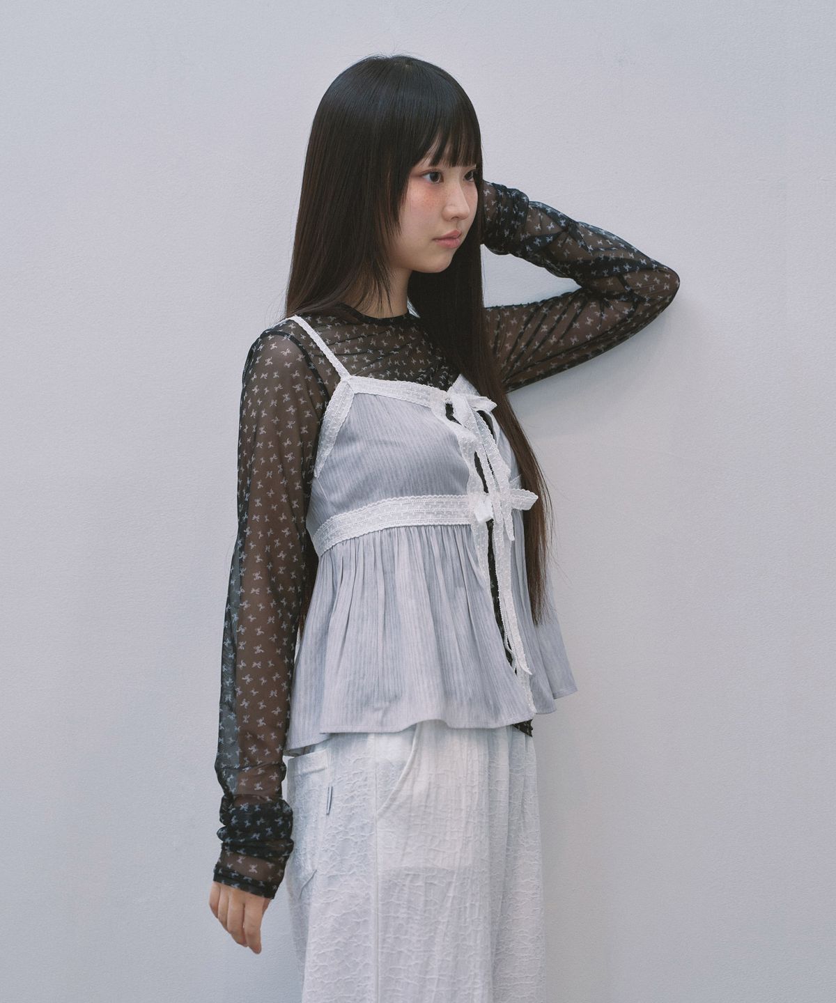 키지코(KIJIKO) ke301-Ribbon Mesh Long Sleeve Black
