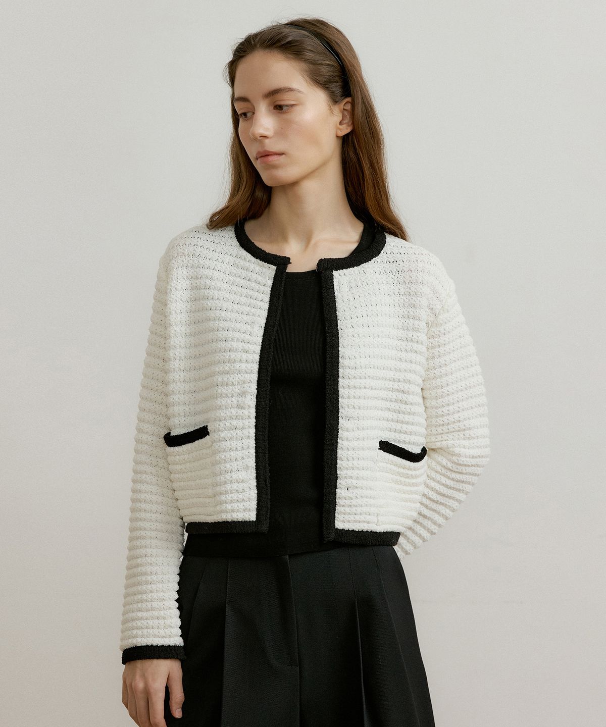 오떼뜨(OCTETTE) MOTE LINING TWEED KNIT CARDIGAN_IVORY