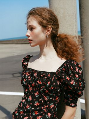 RIONA flower puff sleeve dress_BLACK