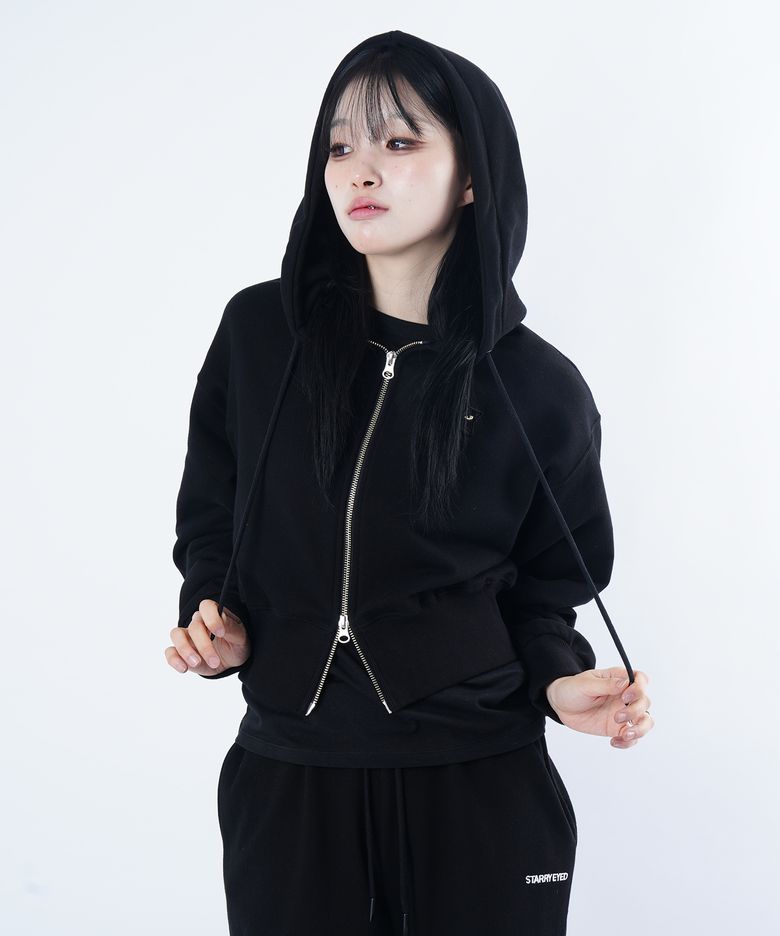 크롭 투웨이 지퍼 후드 집업 (블랙)
