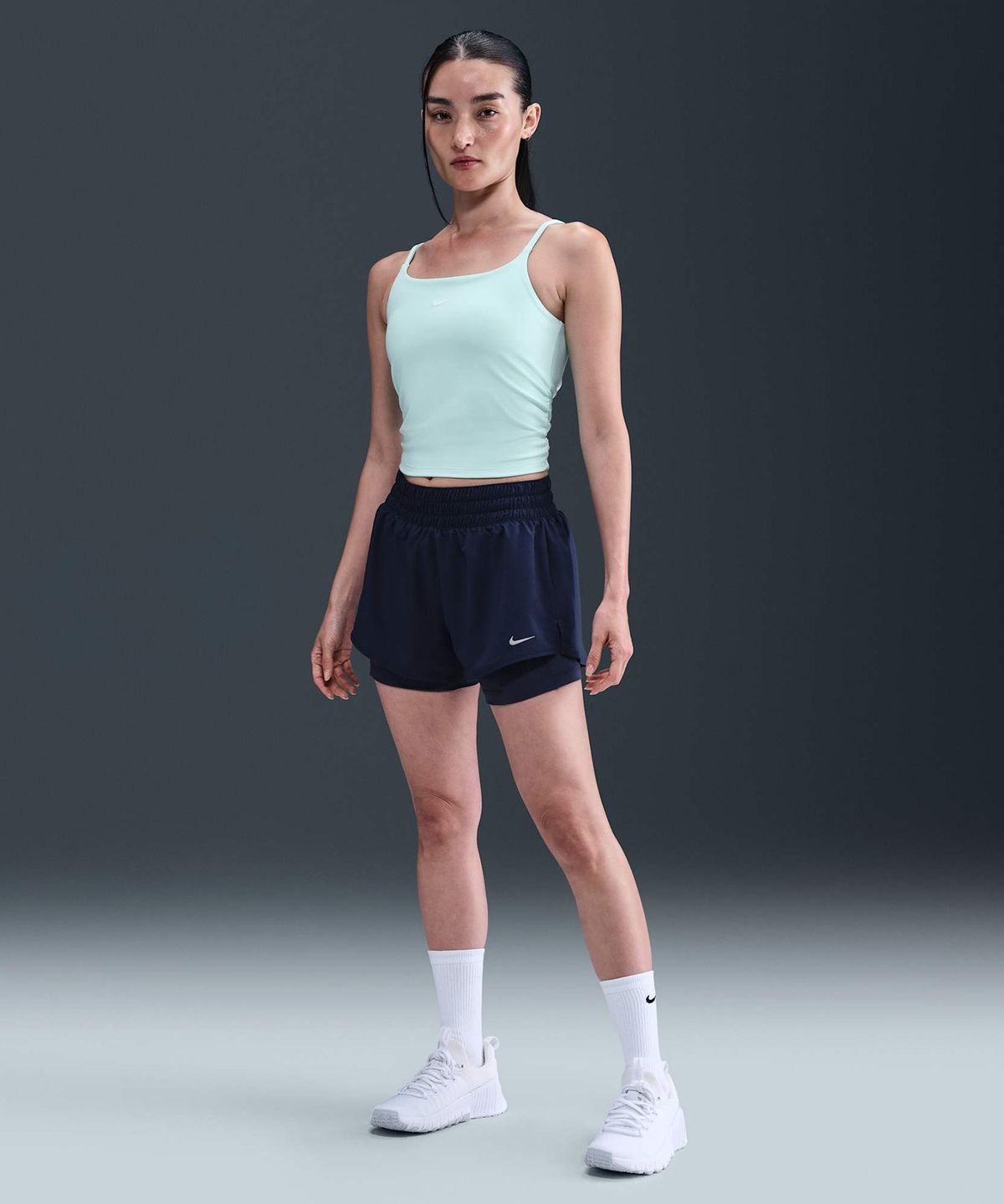 나이키(NIKE) 드라이 핏 원 미드라이즈 3인치 투인원 쇼츠 W - 미드나이트 네이비:화이트 / DX6013-410