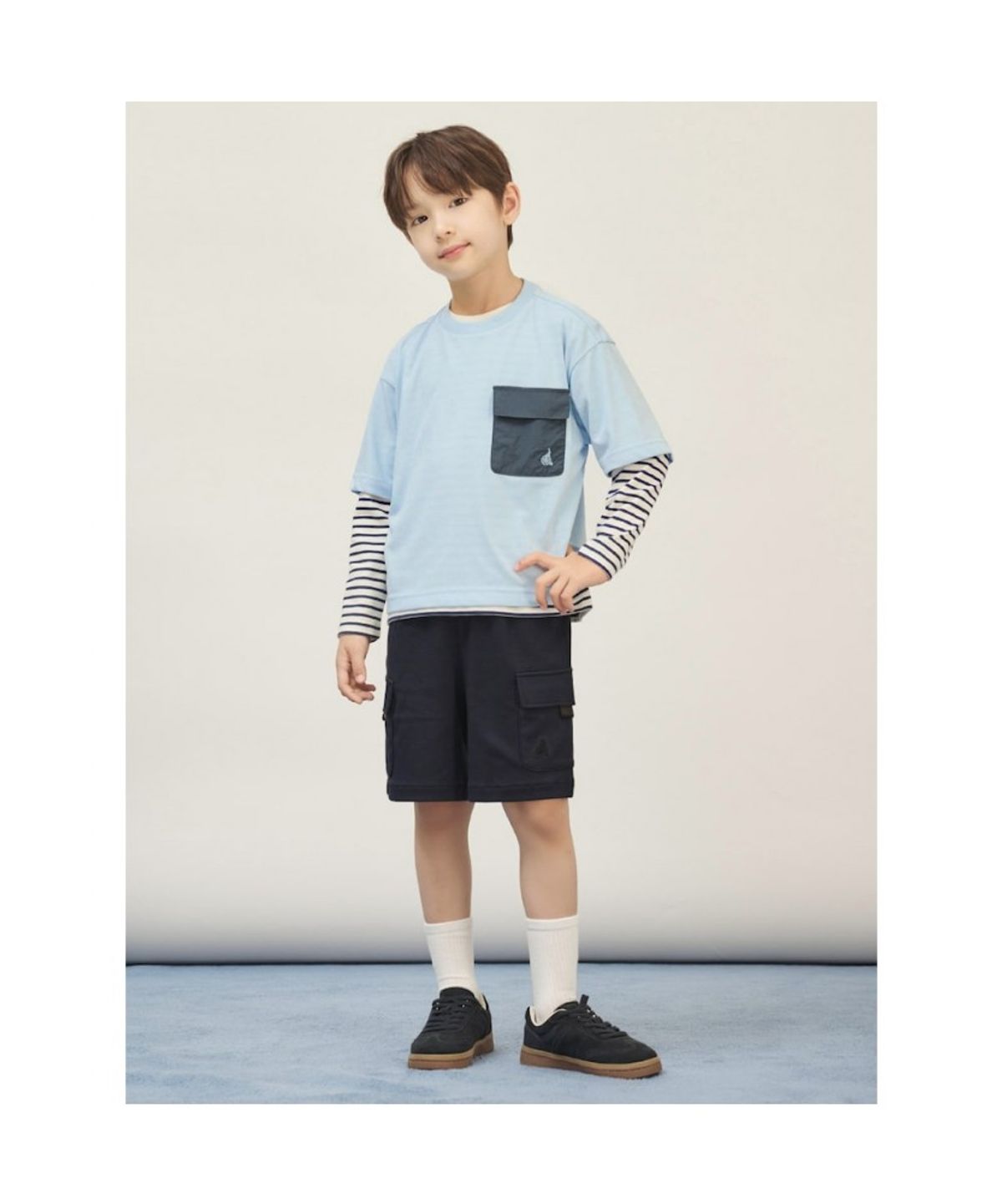 빈폴 키즈(BEANPOLE KIDS) 스트라이프 레이어드 반팔 & 긴팔 2PCS 상상세트  스카이 블루 (BI5741U02Q)
