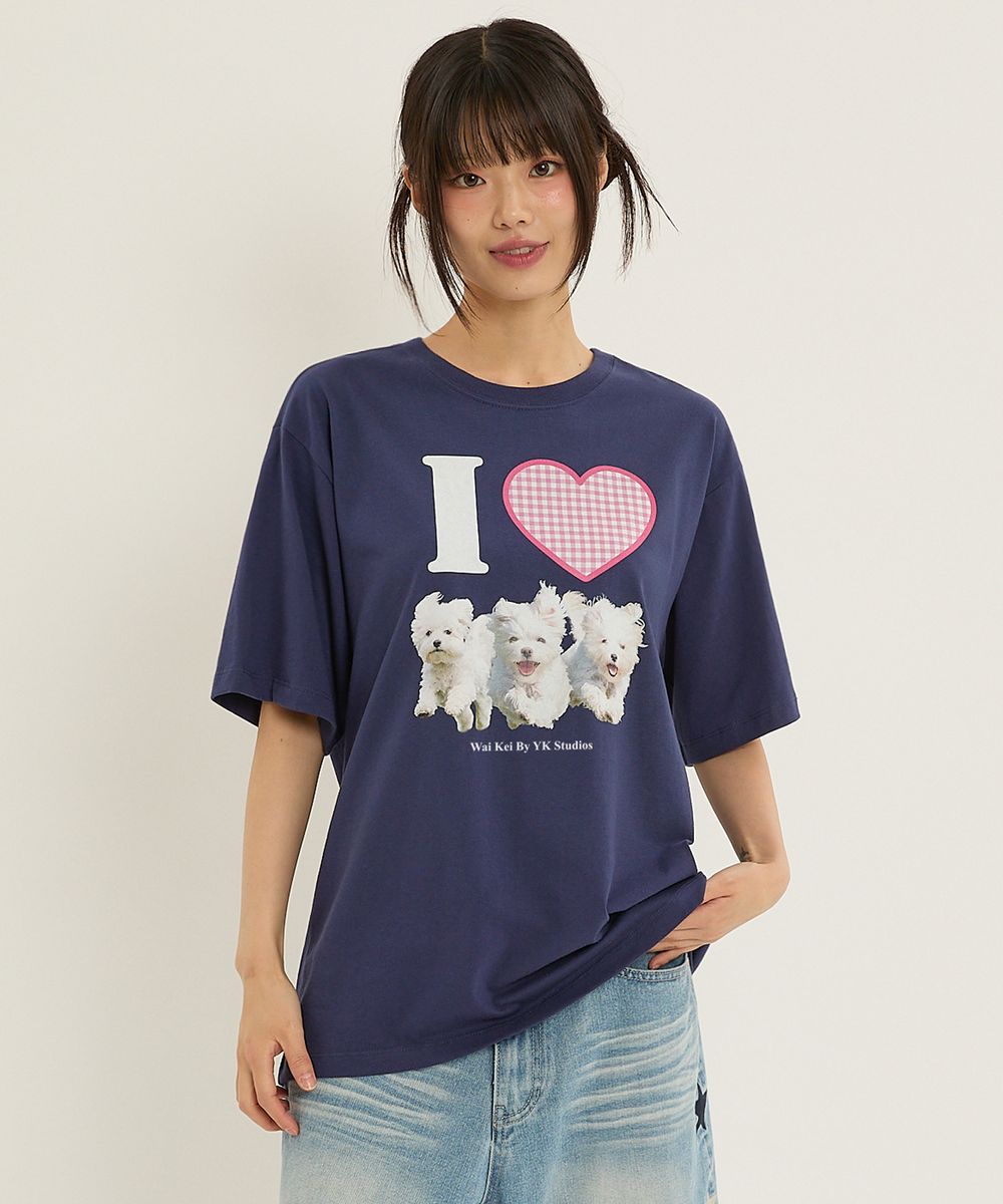 I LOVE 말티즈 반팔티셔츠 네이비