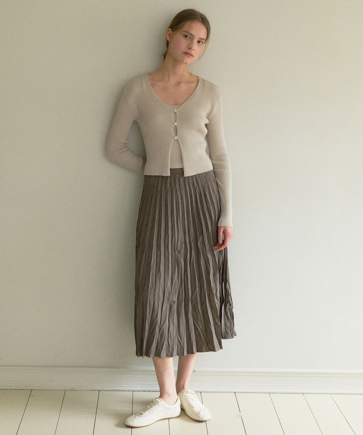 오떼뜨(OCTETTE) BIAS DOUBLE PLEATS SKIRT_BROWN