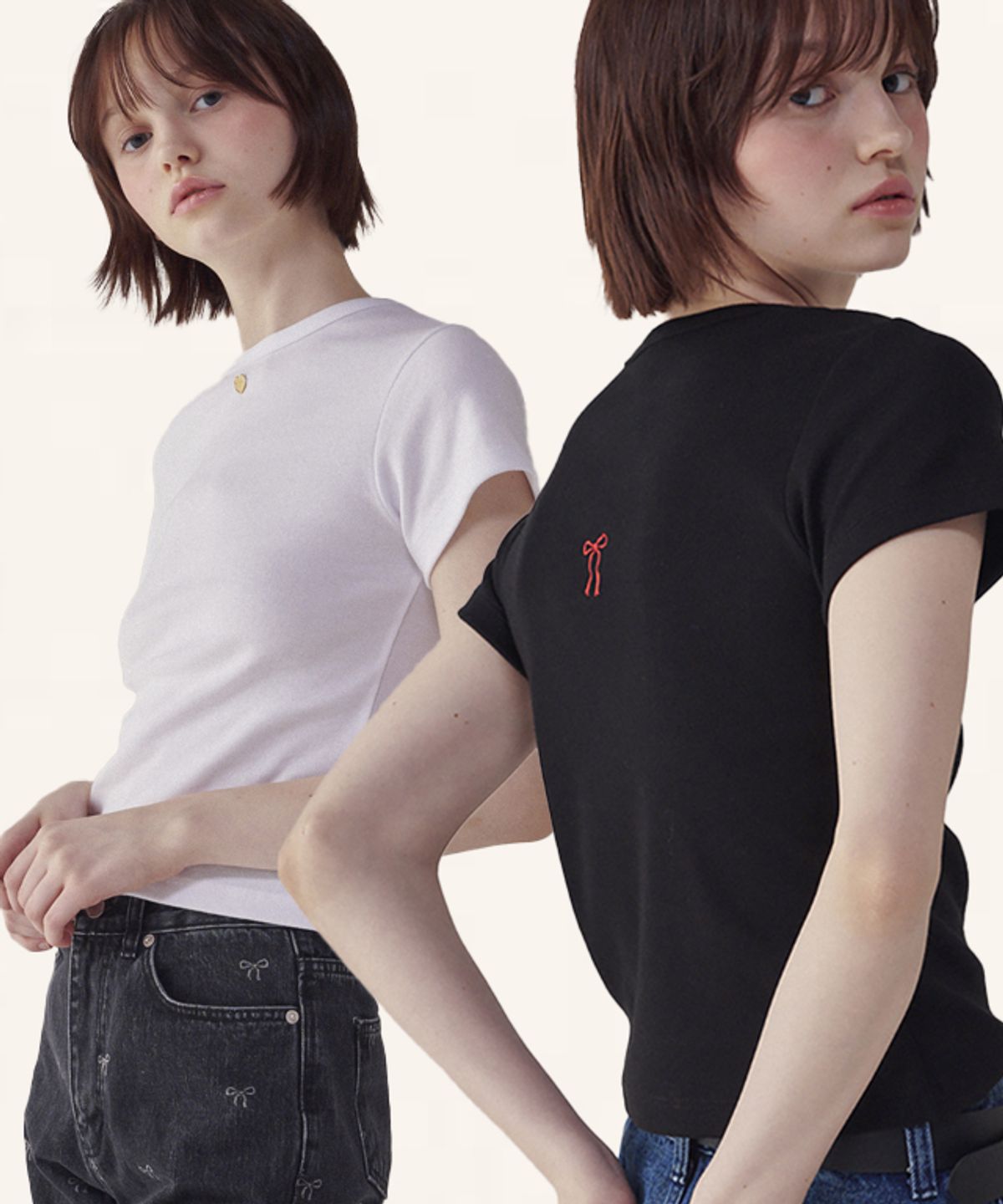 론론(RONRON) [2PACK] BACK RIBBON HEART SLIM CROP T SHIRTS