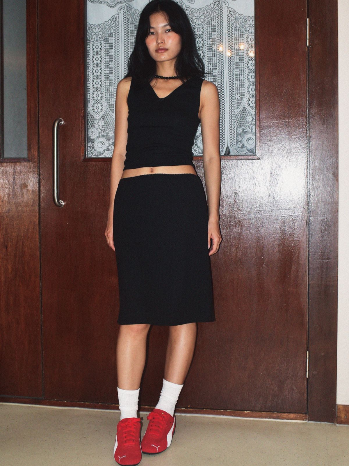 유지떼(USITE) HEART PUNCH SLOW SKIRT, BLACK H라인 스커트