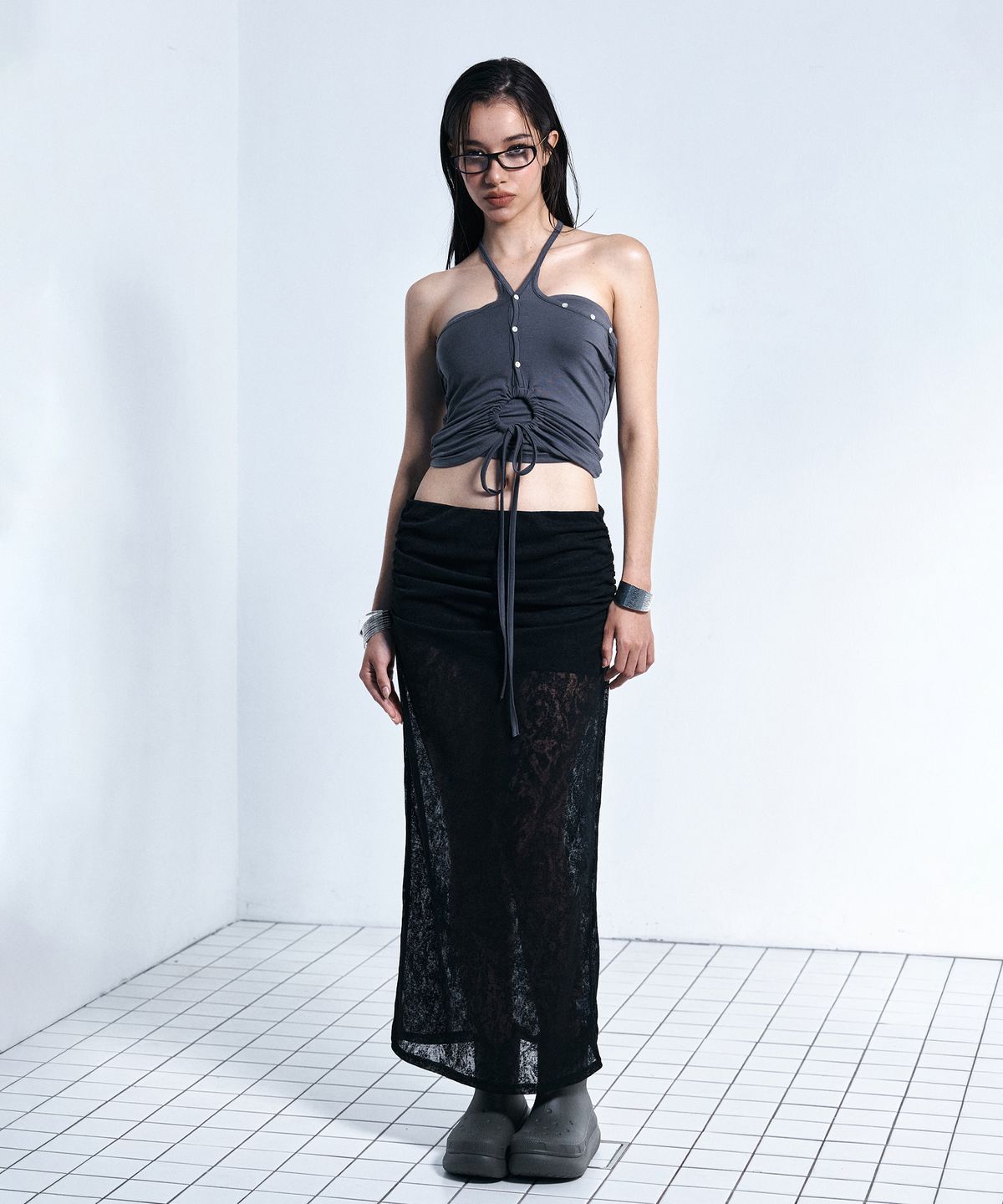 플리즈노팔로우(PLEASENOFOLLOW) Delaney Lace Long Skirt (Black)