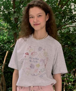 [논로컬 X 이하여백] Coloring Seaside Hand Drawing T-shirt - Light Grey