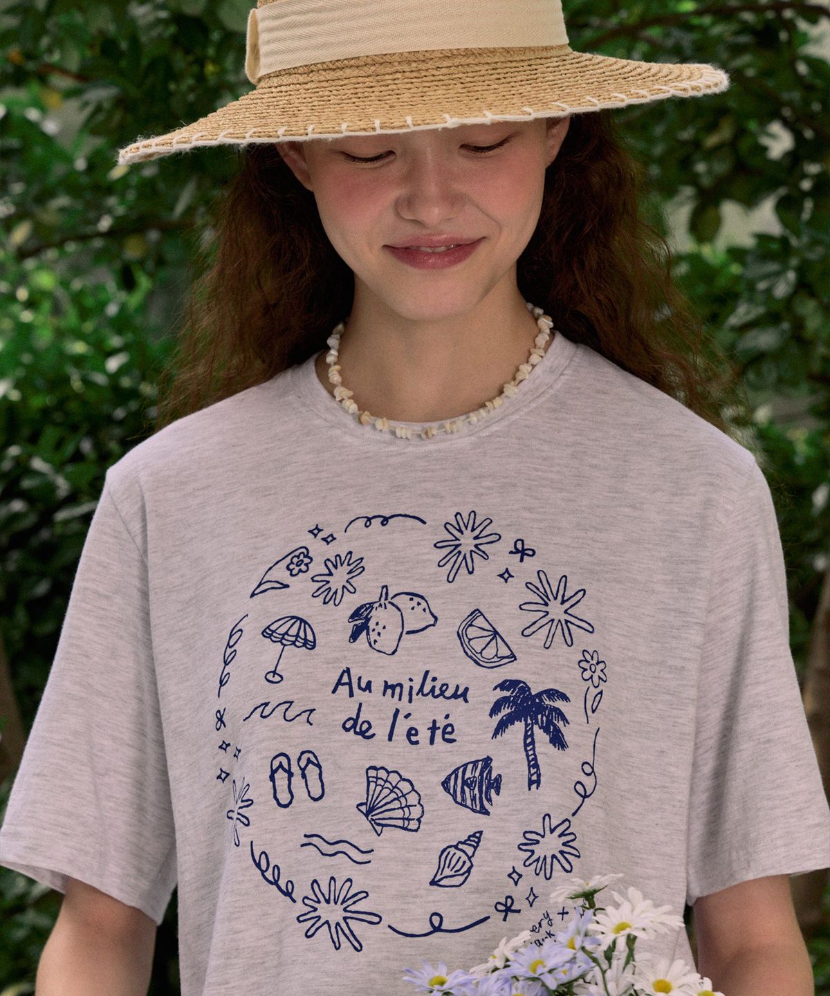 논로컬(NONLOCAL) [논로컬 X 이하여백] Seaside Hand Drawing T-shirt - Light Grey