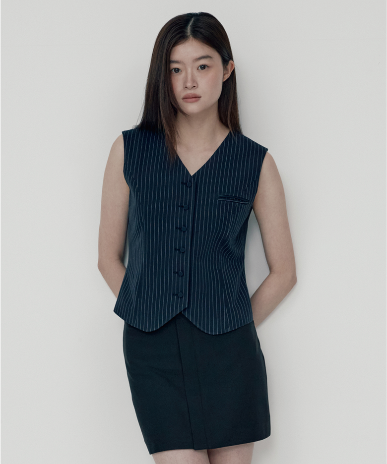 Covered button vest (Navy)