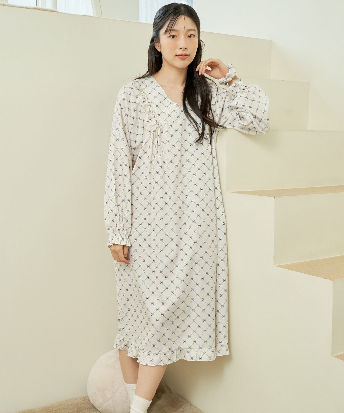 메이플라워(MAY FLOWER) 블루리본 긴팔 모달면 여성 빅사이즈 원피스 잠옷