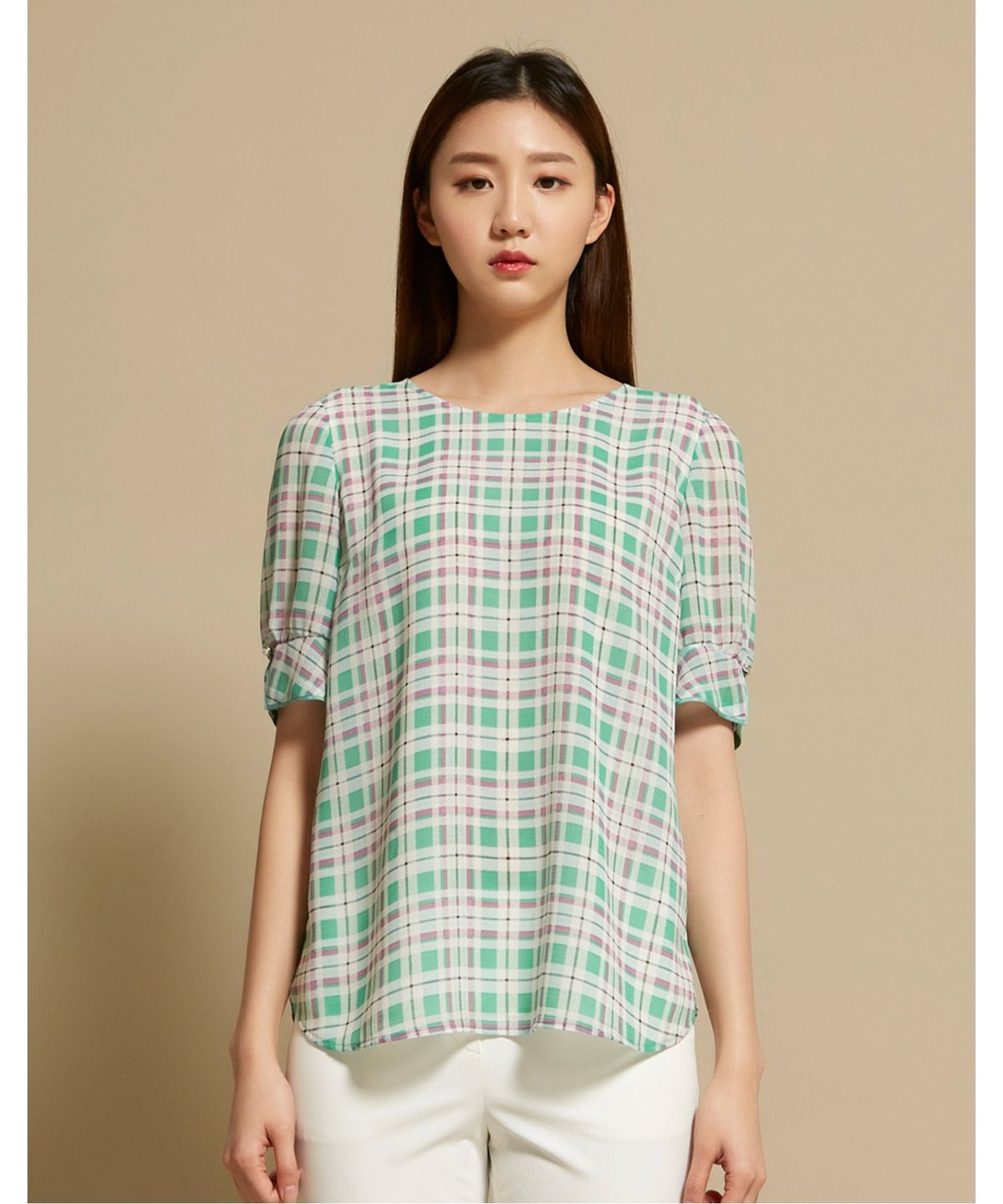 올리비아로렌(OLIVIALAUREN) 라운드 체크 블라우스_VOCNSWM4331