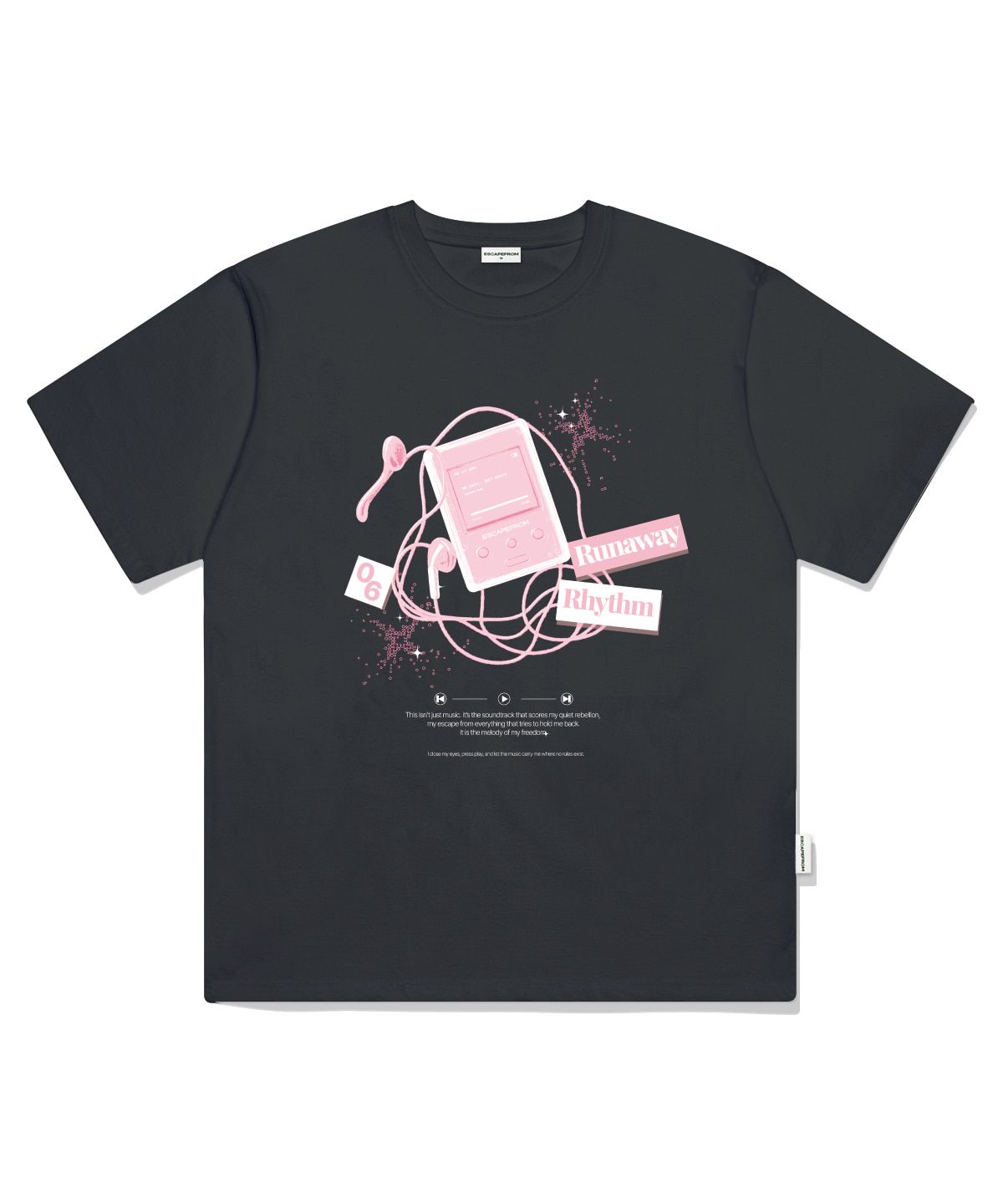 이스케이프프롬(ESCAPEFROM) 리듬 MP3 프린트 오버핏 반팔티 차콜