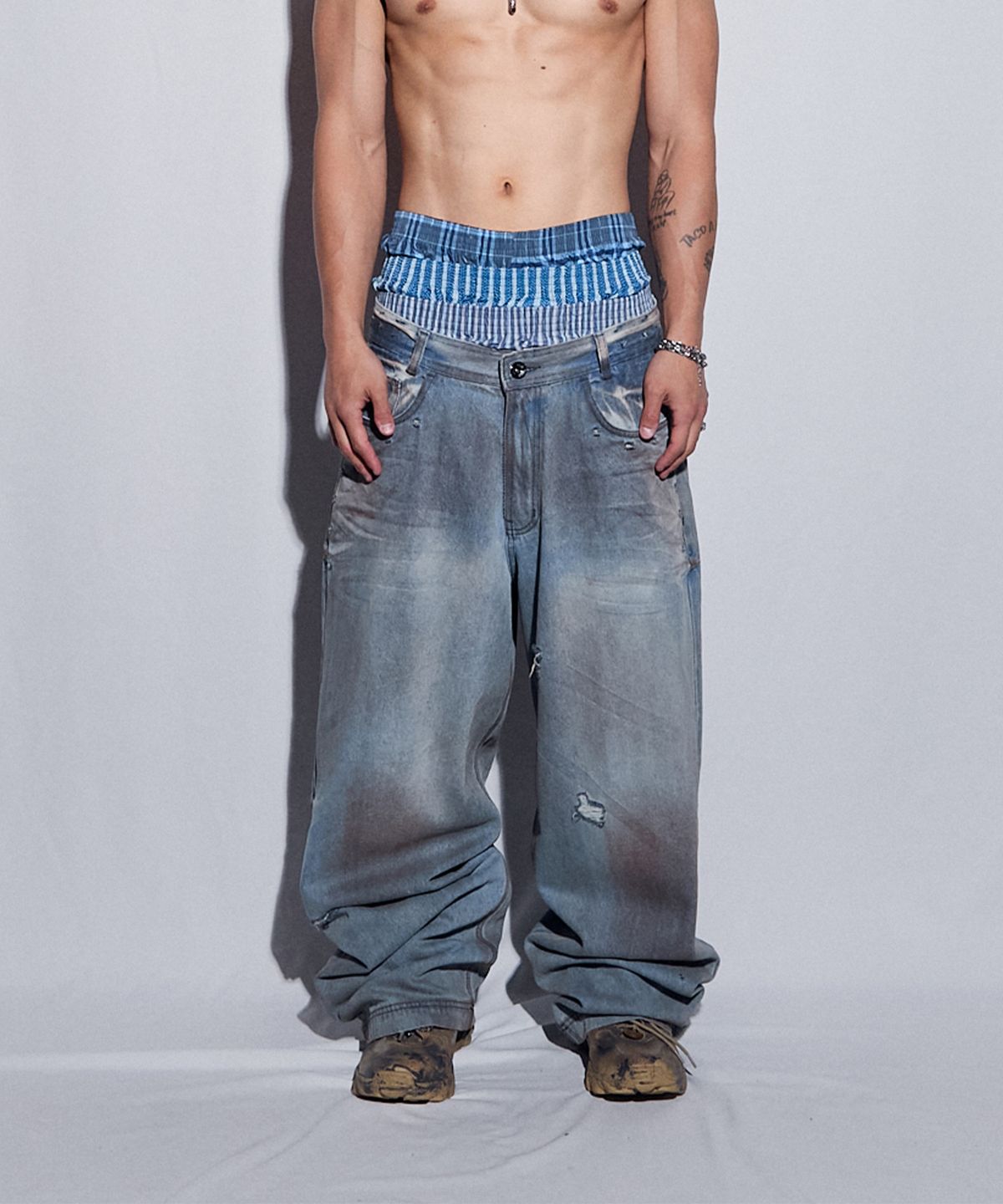 비엘알(BLR) Punched Dirty Wide Denim Pants Light Blue
