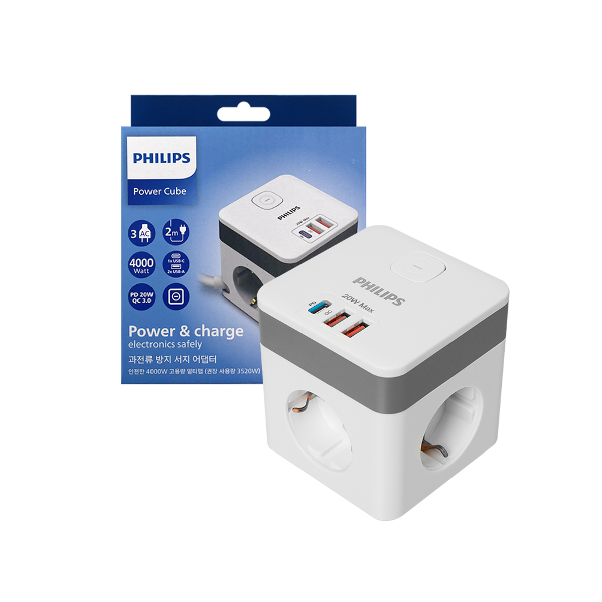 필립스(PHILIPS) 고용량 파워 큐브 멀티탭 3구 USB C타입 A타입 2M