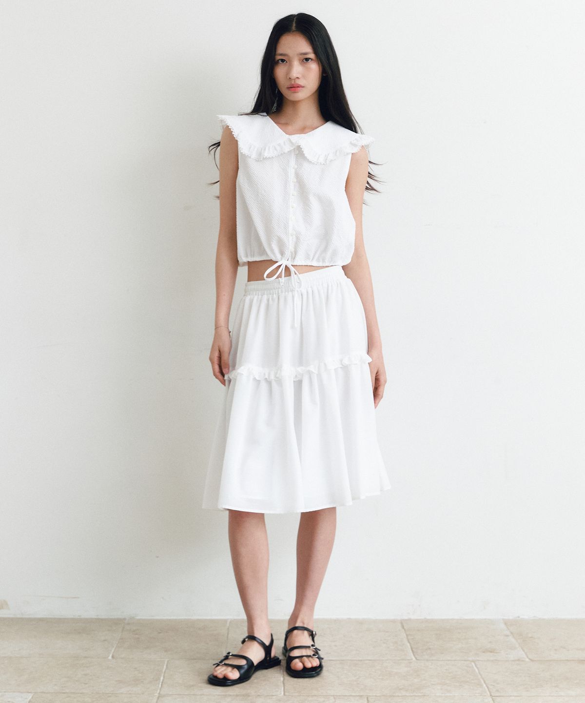 쎄미(SSEMI) FRILL SHIRRING MIDI SKIRT(WT)