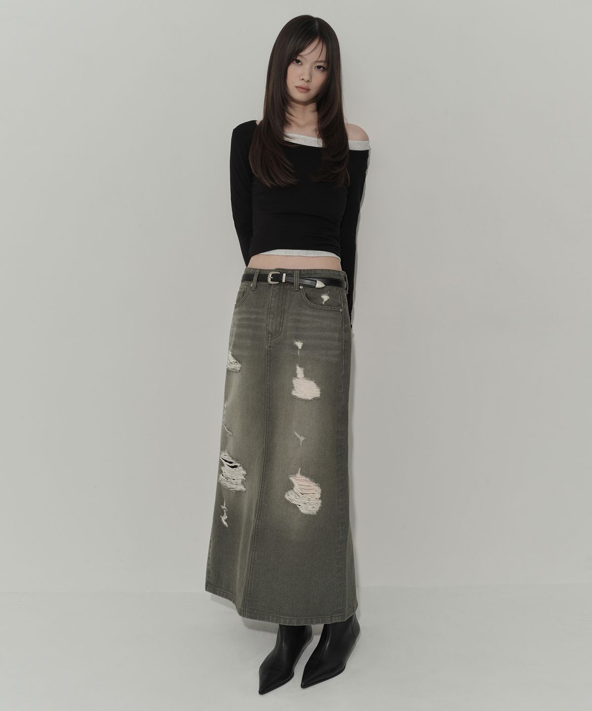 무신사 스탠다드 우먼(MUSINSA STANDARD WOMAN) 우먼즈 피그먼트 디스트로이드 맥시 스커트 [카키]