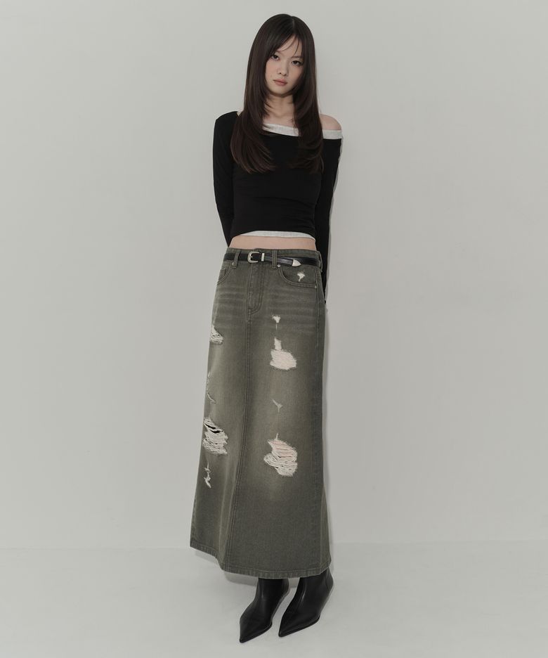 우먼즈 피그먼트 디스트로이드 맥시 스커트 [카키]