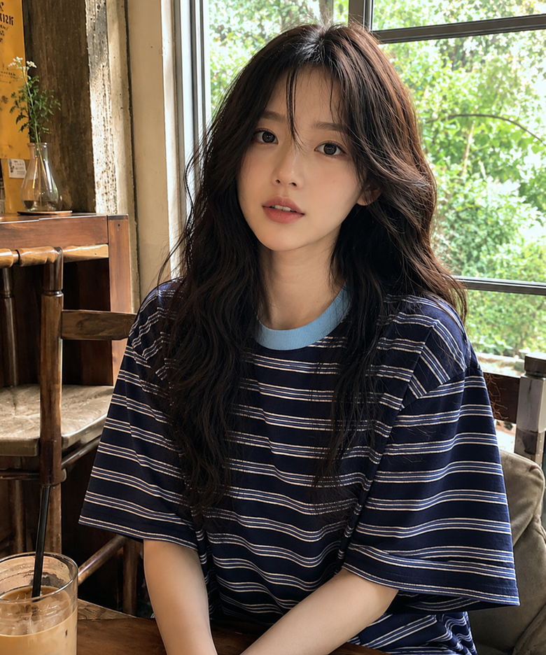 스트라이프 비스킷 반팔 티 네이비