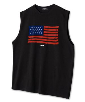 오버핏 크루넥 슬리브리스 빈티지 성조기 민소매 티셔츠 블랙