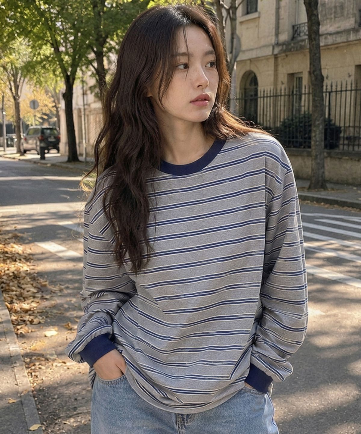 사유(SAYUU) 스트라이프 비스킷 긴팔 티 그레이