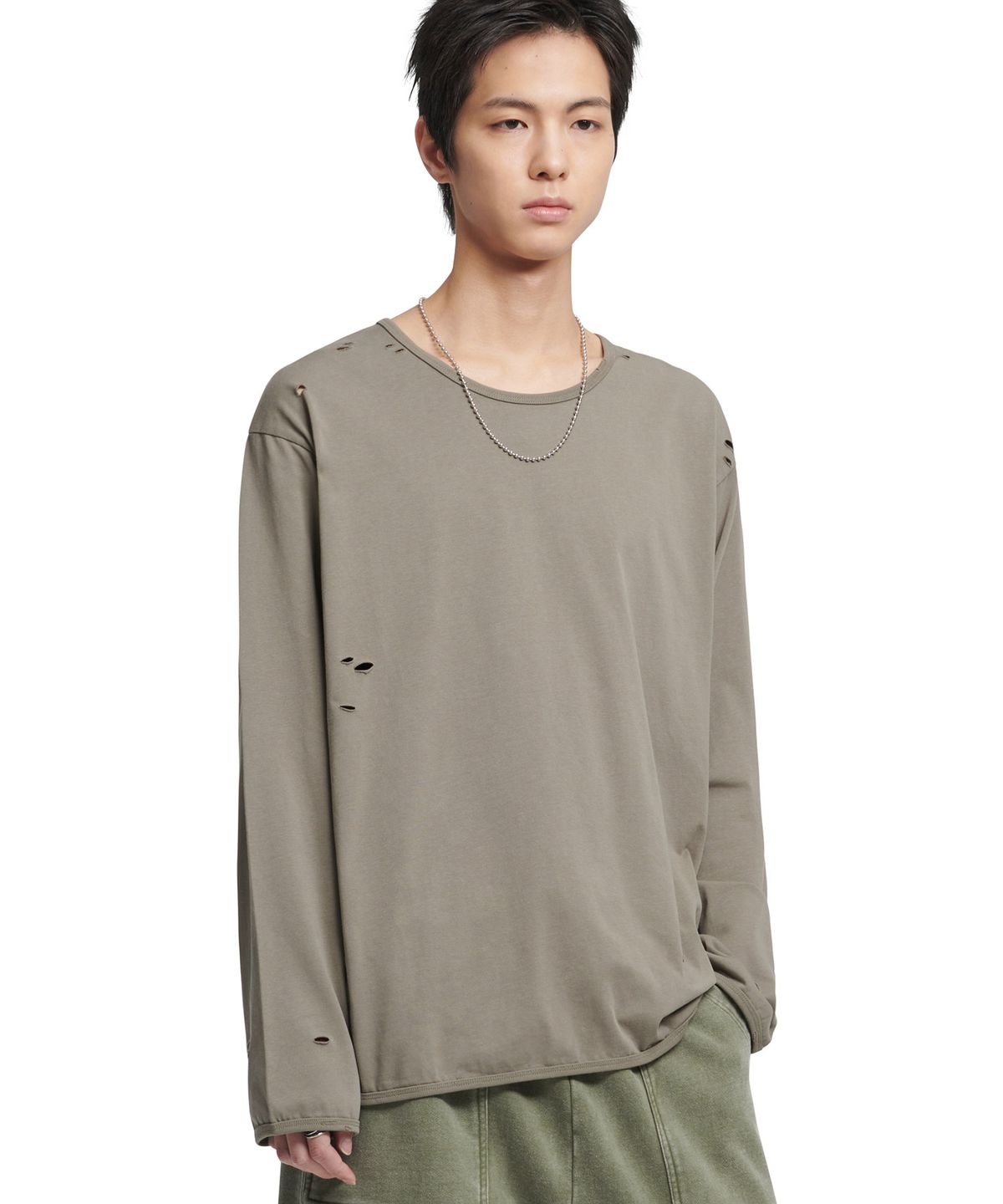 노매뉴얼(NOMANUAL) DAMAGED LONG SLEEVE TEE - WARM GRAY