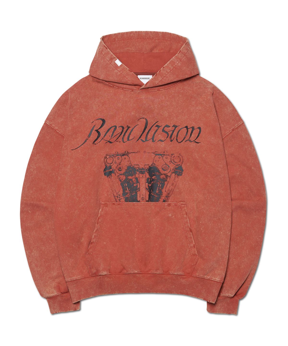 노매뉴얼(NOMANUAL) ENGINE GRAPHIC DAMAGED HOODIE - WASHED BRICK