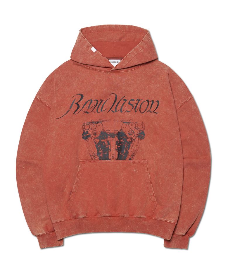 ENGINE GRAPHIC DAMAGED HOODIE - WASHED BRICK