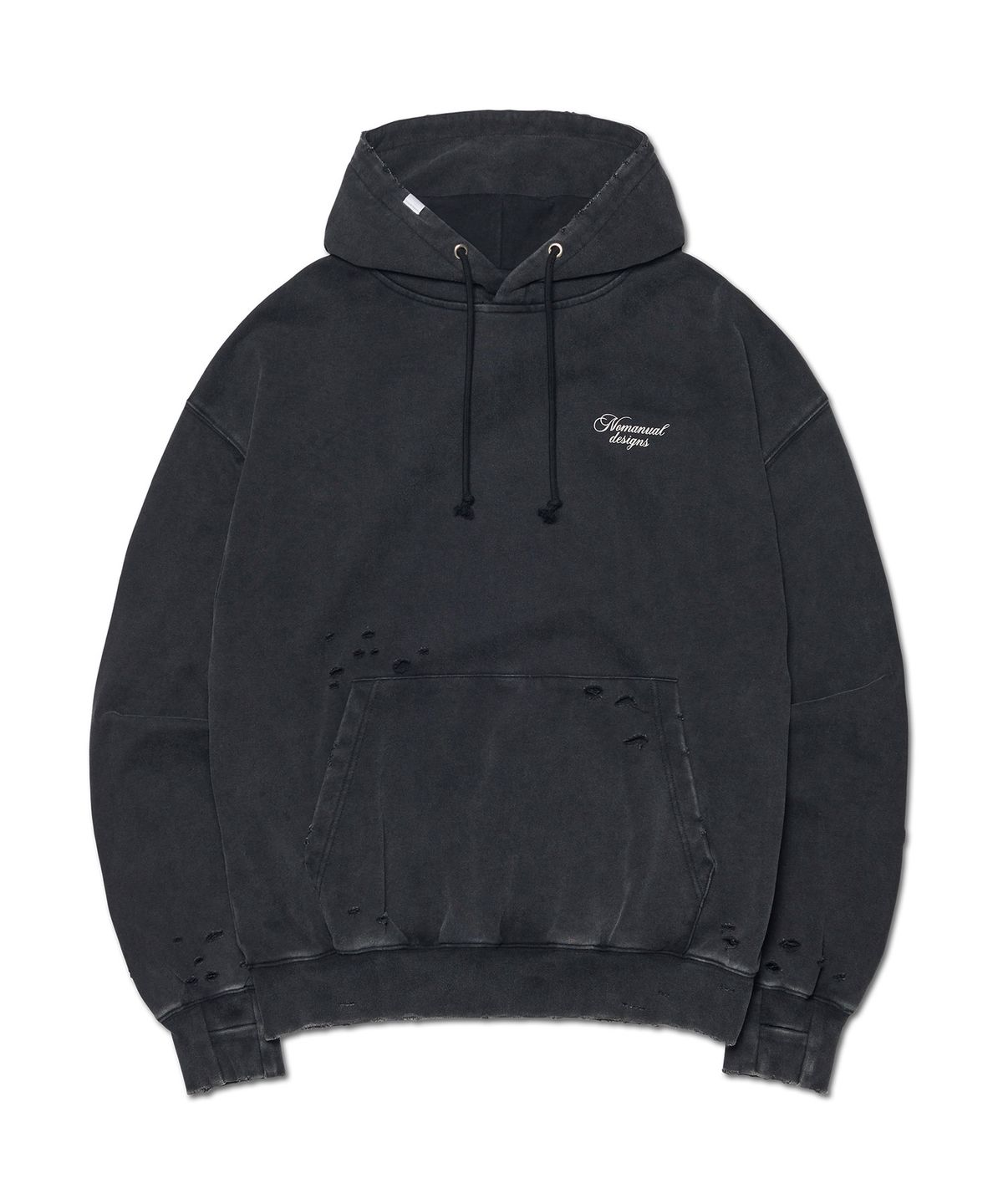 노매뉴얼(NOMANUAL) DAMAGED HOODIE - WASHED BLACK