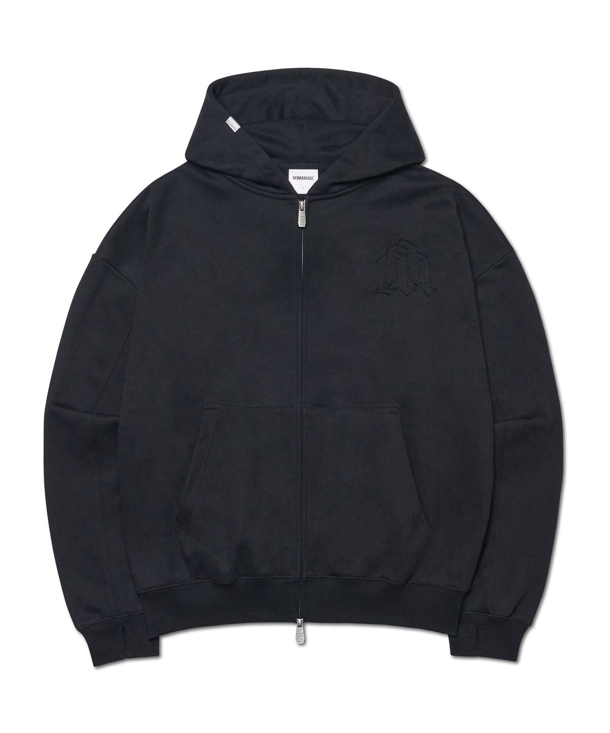노매뉴얼(NOMANUAL) OVERLAY LOGO HOODED ZIP-UP - BLACK
