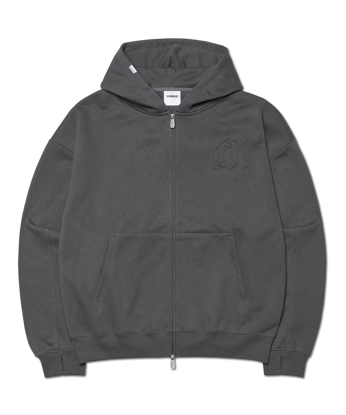노매뉴얼(NOMANUAL) OVERLAY LOGO HOODED ZIP-UP - CHARCOAL