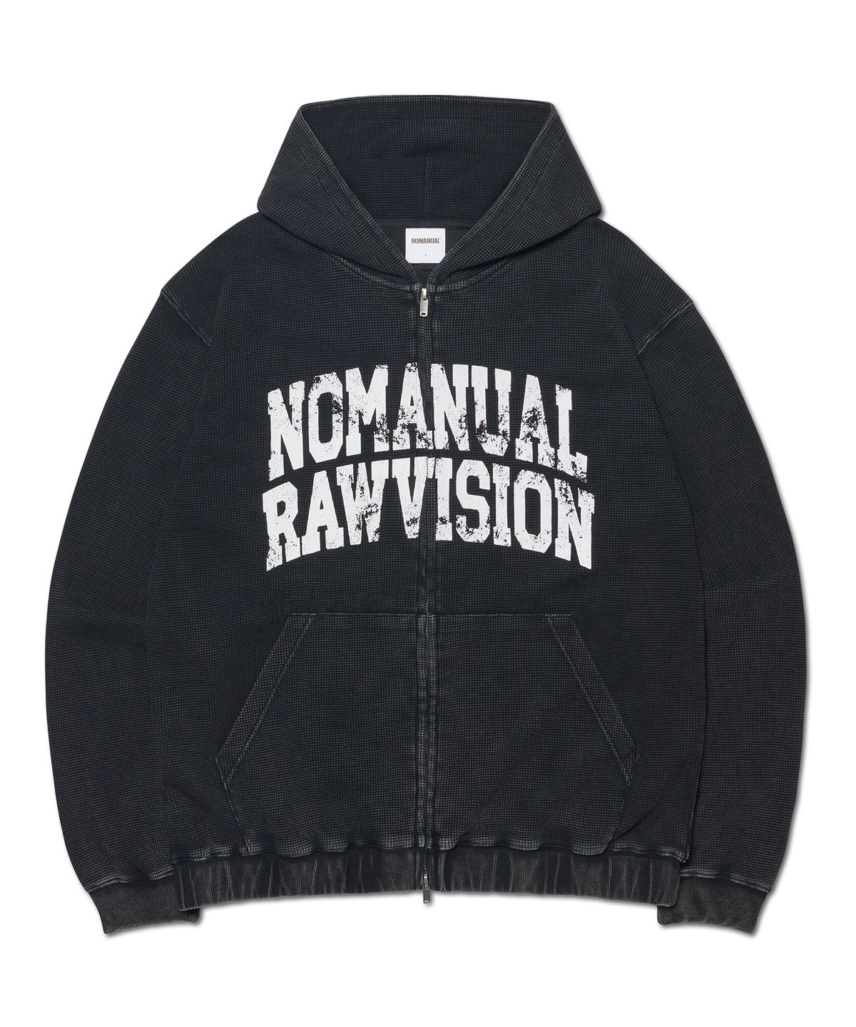 노매뉴얼(NOMANUAL) VINTAGE WAFFLE HOODED ZIP-UP - WASHED BLACK