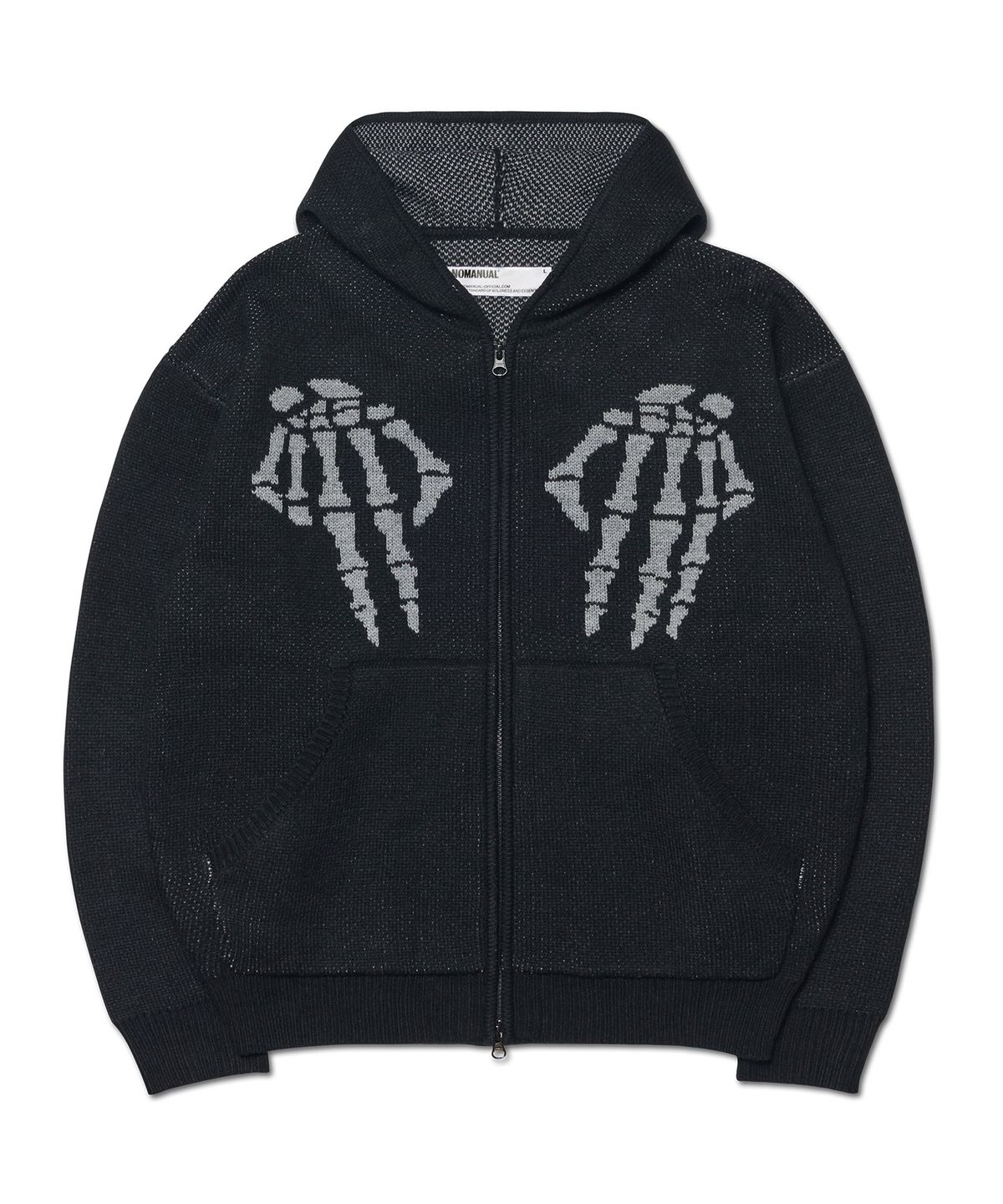 노매뉴얼(NOMANUAL) NM SKULL HAND COWICHAN HOODED ZIP-UP - BLACK