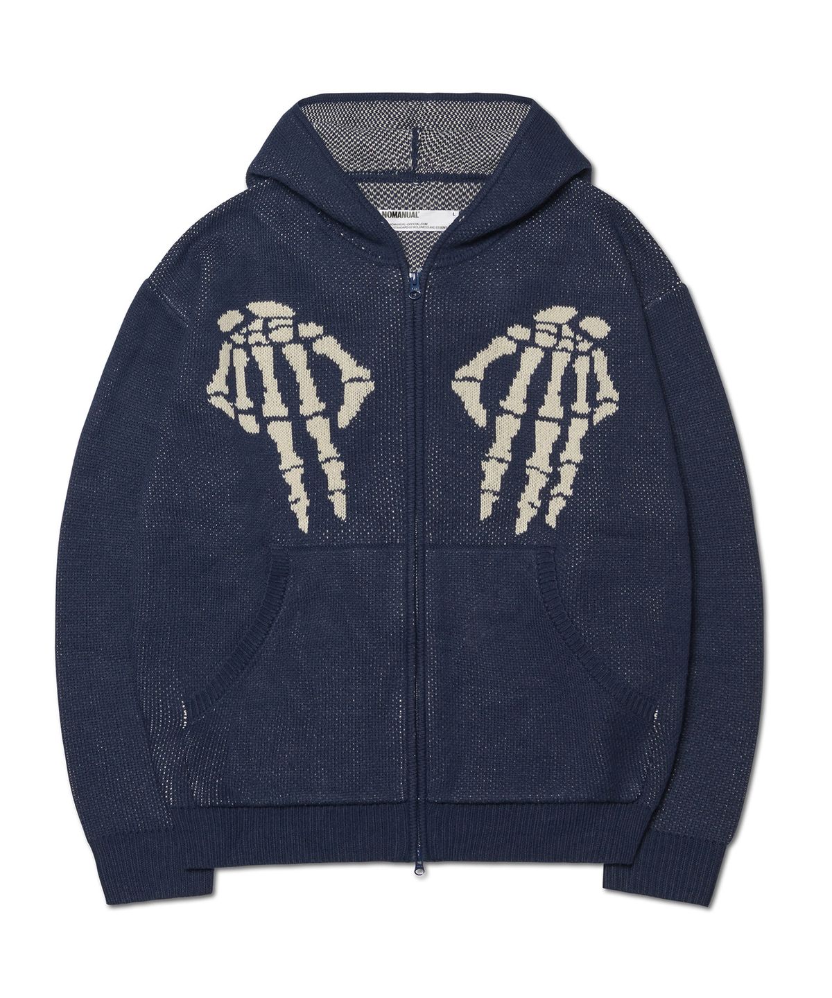 노매뉴얼(NOMANUAL) NM SKULL HAND COWICHAN HOODED ZIP-UP - NAVY
