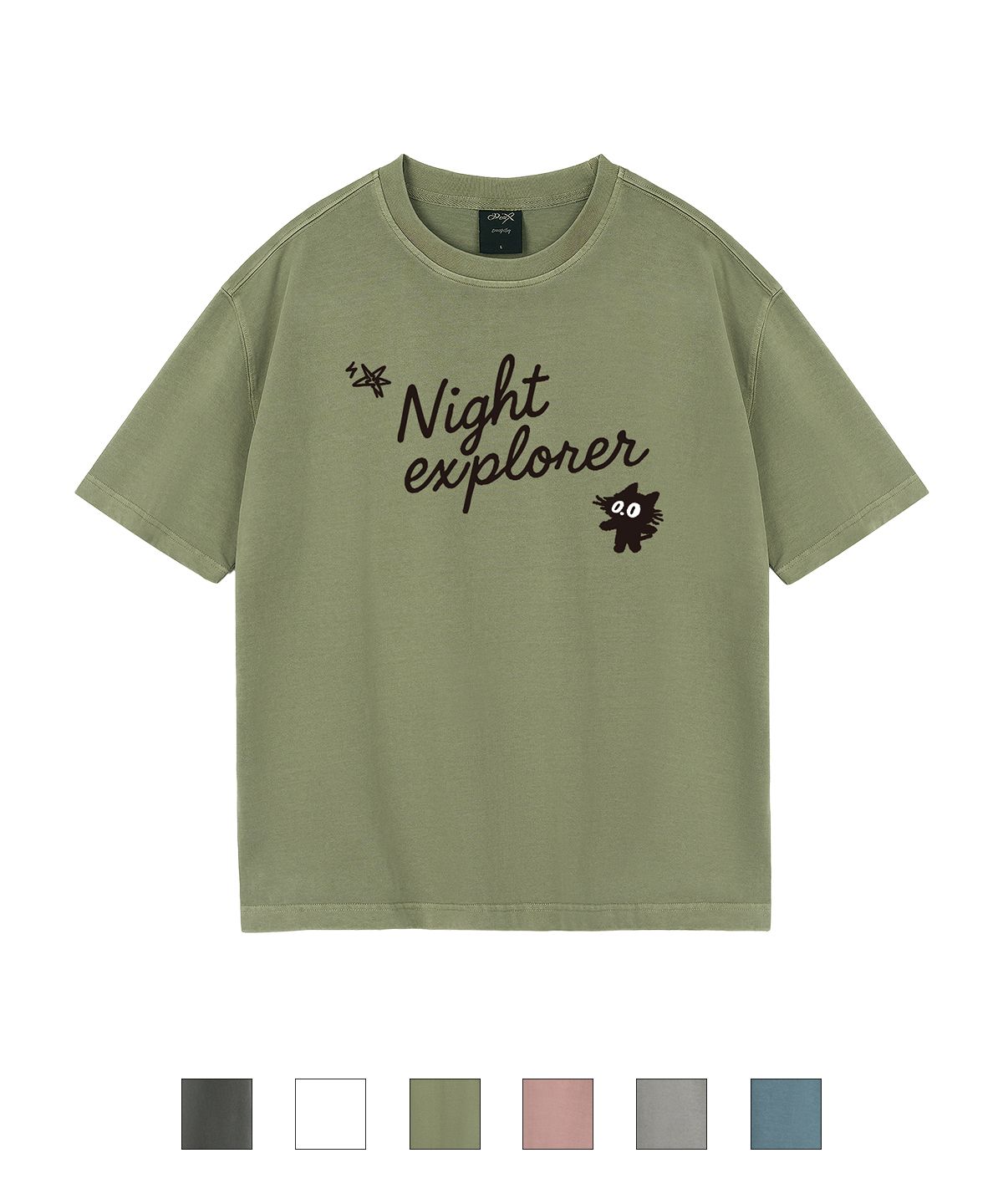 와일드락(WILDROCK) Hollysheesh Night explorer Cat 피그먼트 오버핏 반팔 티셔츠_6 COL (크롭 포함)