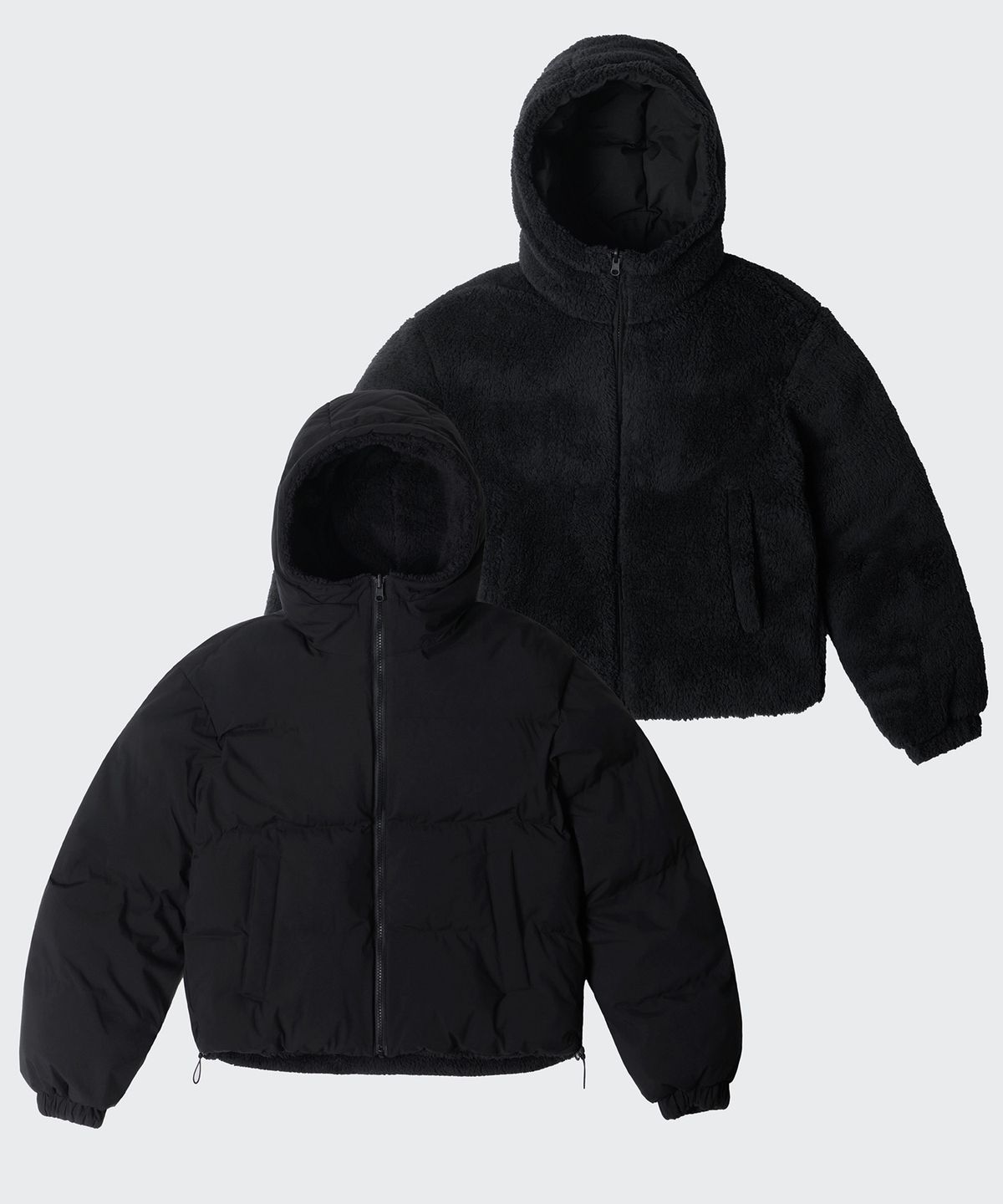 무신사 스탠다드 우먼(MUSINSA STANDARD WOMAN) 우먼즈 데일리 푸퍼 리버서블 플리스 후디드 숏 패딩 재킷 [블랙/블랙]