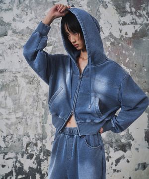 우먼즈 페이디드 후디드 스웨트 집업 [블루 그레이]