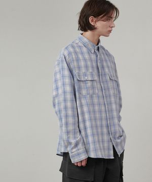 오버핏 투 포켓 체크 셔츠 블루