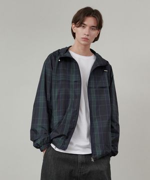 체크 후드 윈드브레이커 그린