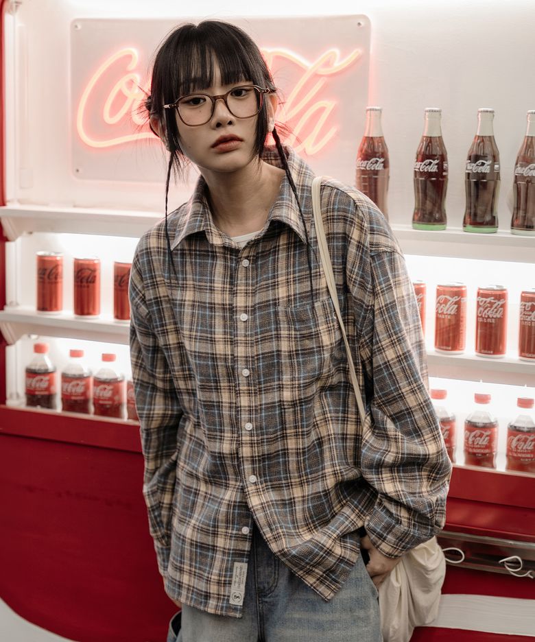오버핏 플란넬 포켓 체크 셔츠 [딥블루]