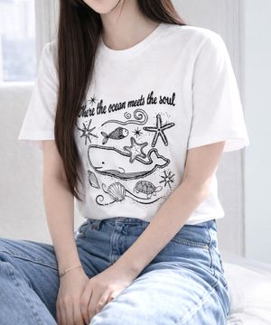 (우먼) 오션 드로잉 프린트 크롭 티셔츠 [WHITE]