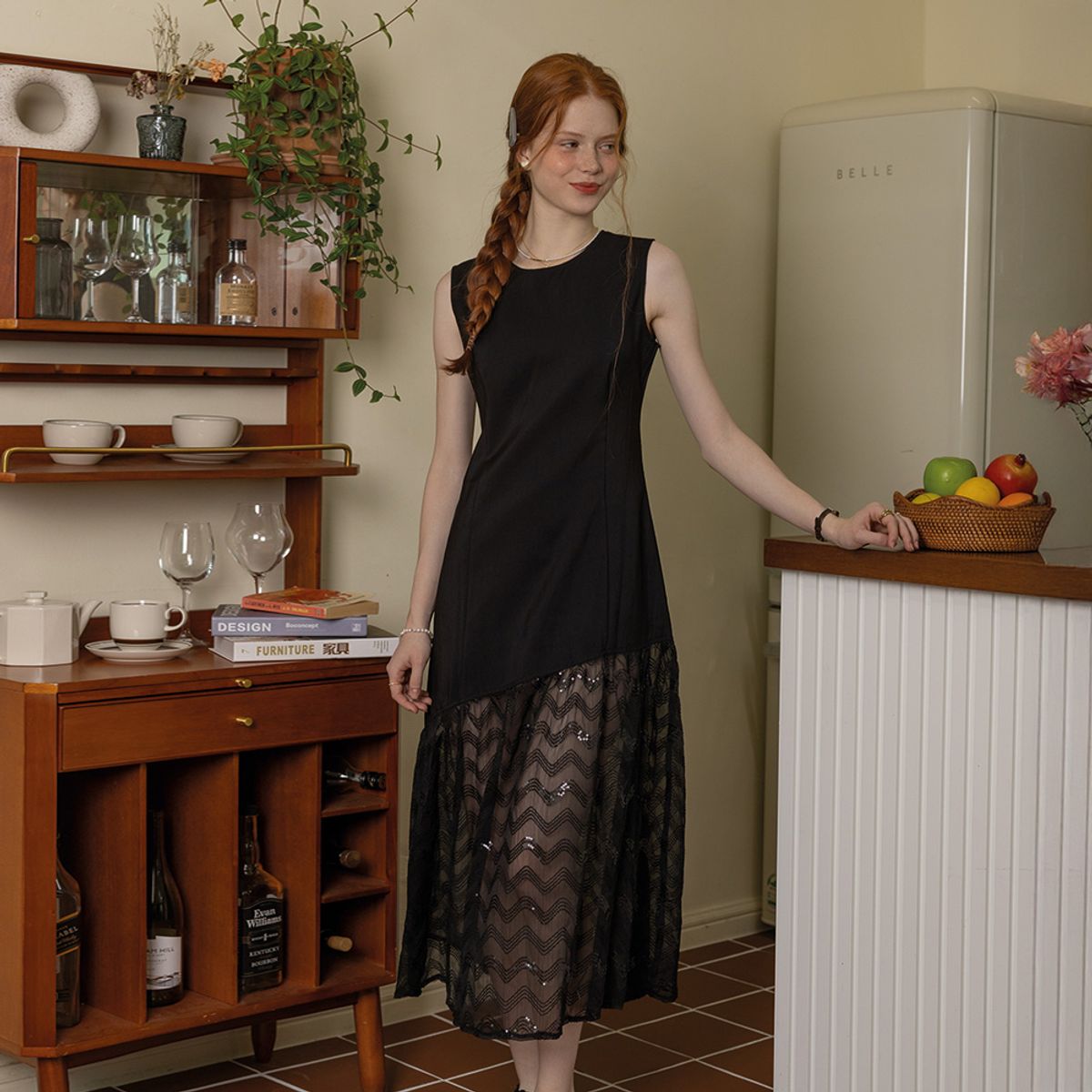 던드롭(DUNDROP) DD_Sleeveless mesh hem dress_BLACK