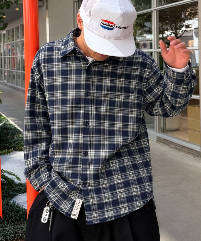 프리미엄 오버핏 플란넬 포켓 체크 셔츠 [네이비]