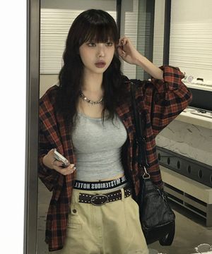 프리미엄 오버핏 플란넬 포켓 체크 셔츠 [오렌지]