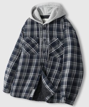 오버핏 플란넬 포켓 체크 후드 자켓 [네이비]
